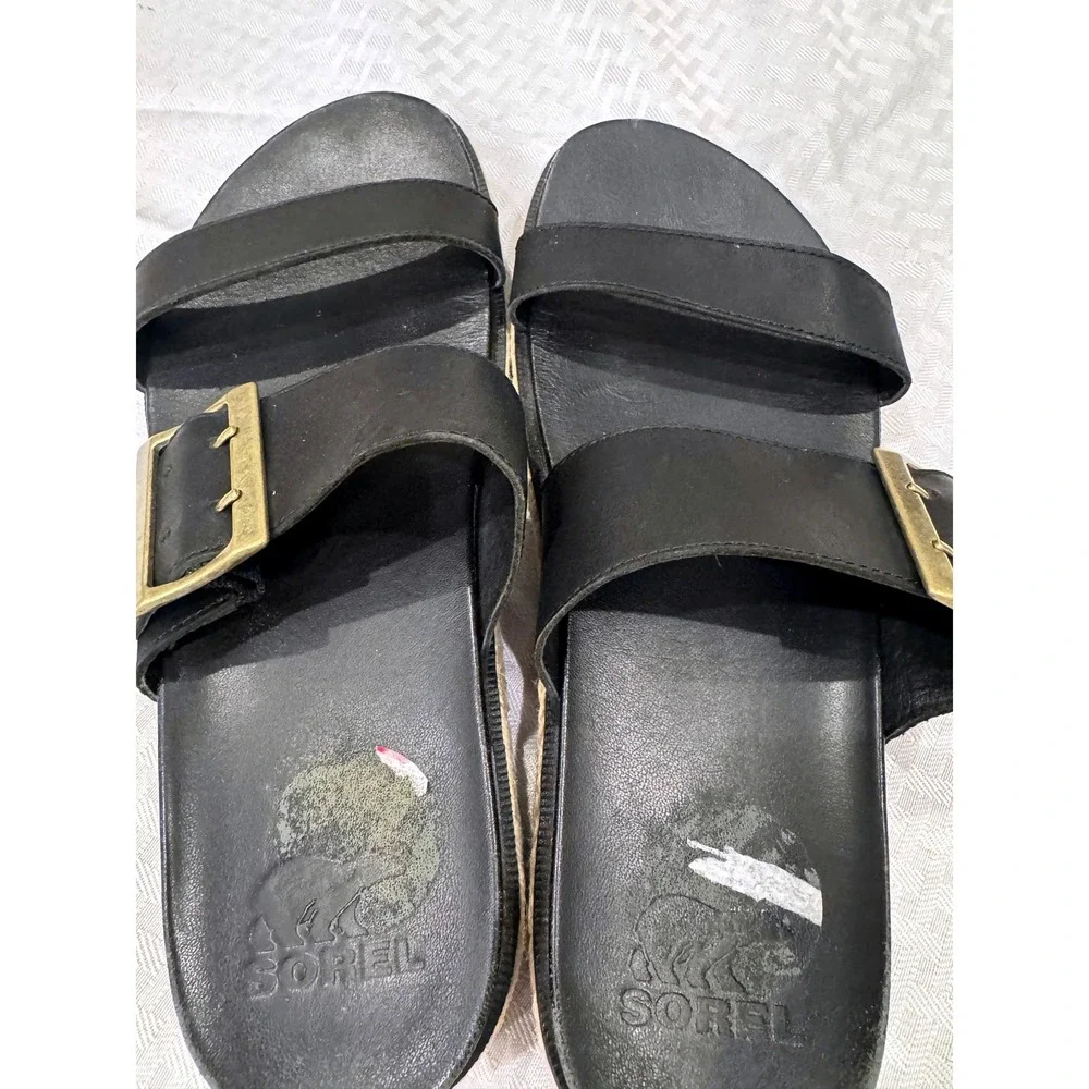 Sorel Women's‎ Leather Slide Sandals Black Buckle Espadrille Platform Size 9.5